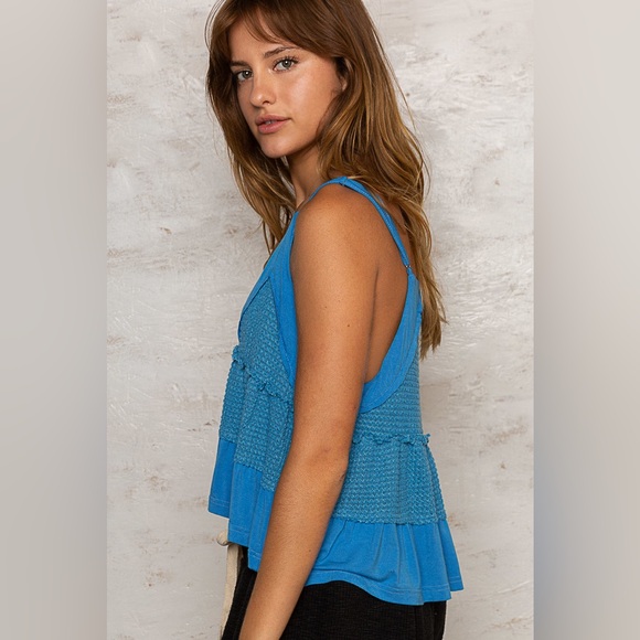 POL Pacific Blue Soft Waffle Knit Babydoll Tank Top | Adjustable | Lightweight - Picture 3 of 4